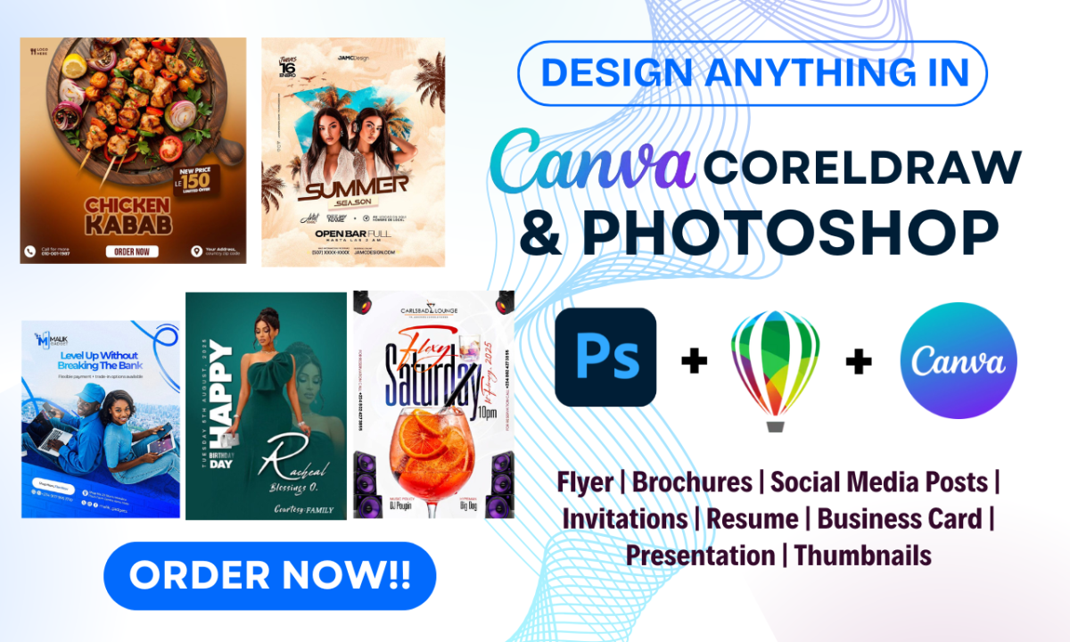 I will design a flyer, social media post, ebook banner in Canva or Photoshop, CorelDRAW