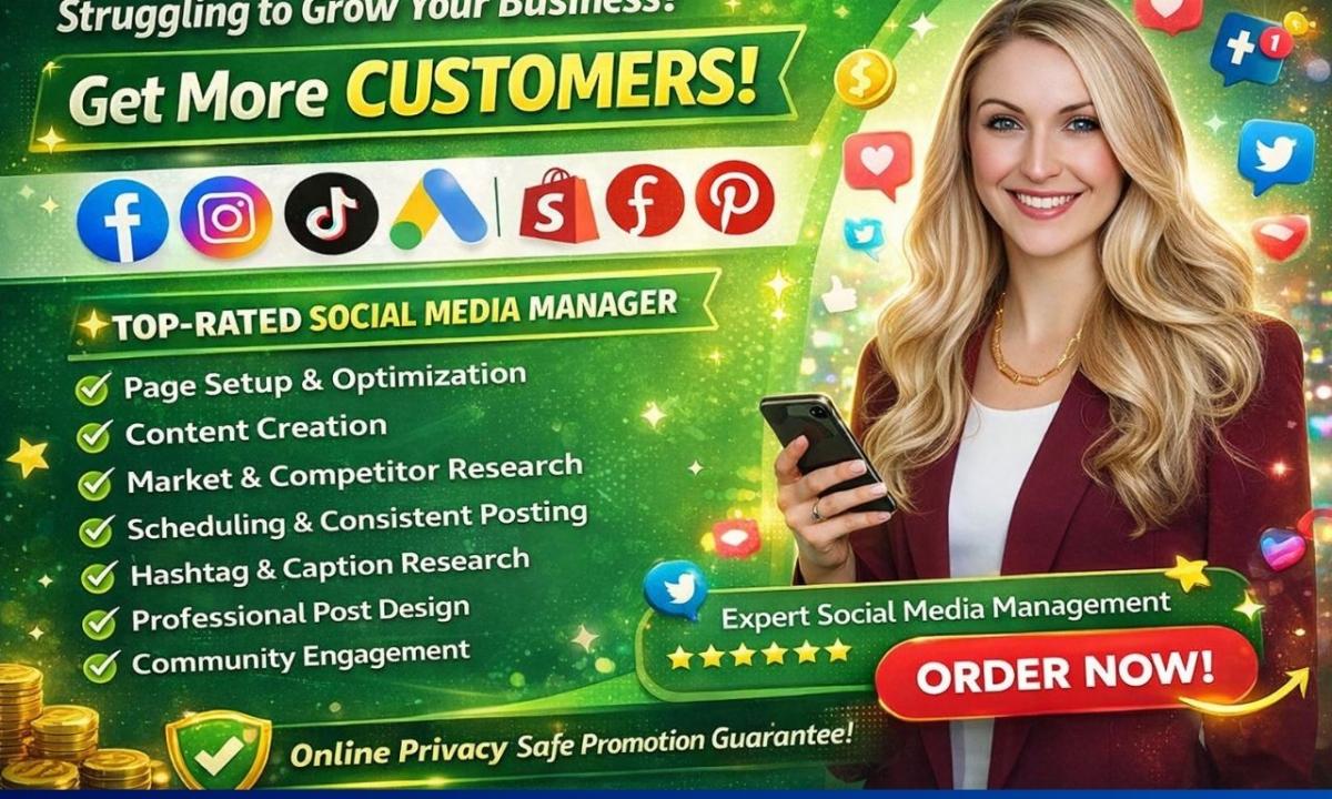I will do social media manager social media marketing or social media content creator