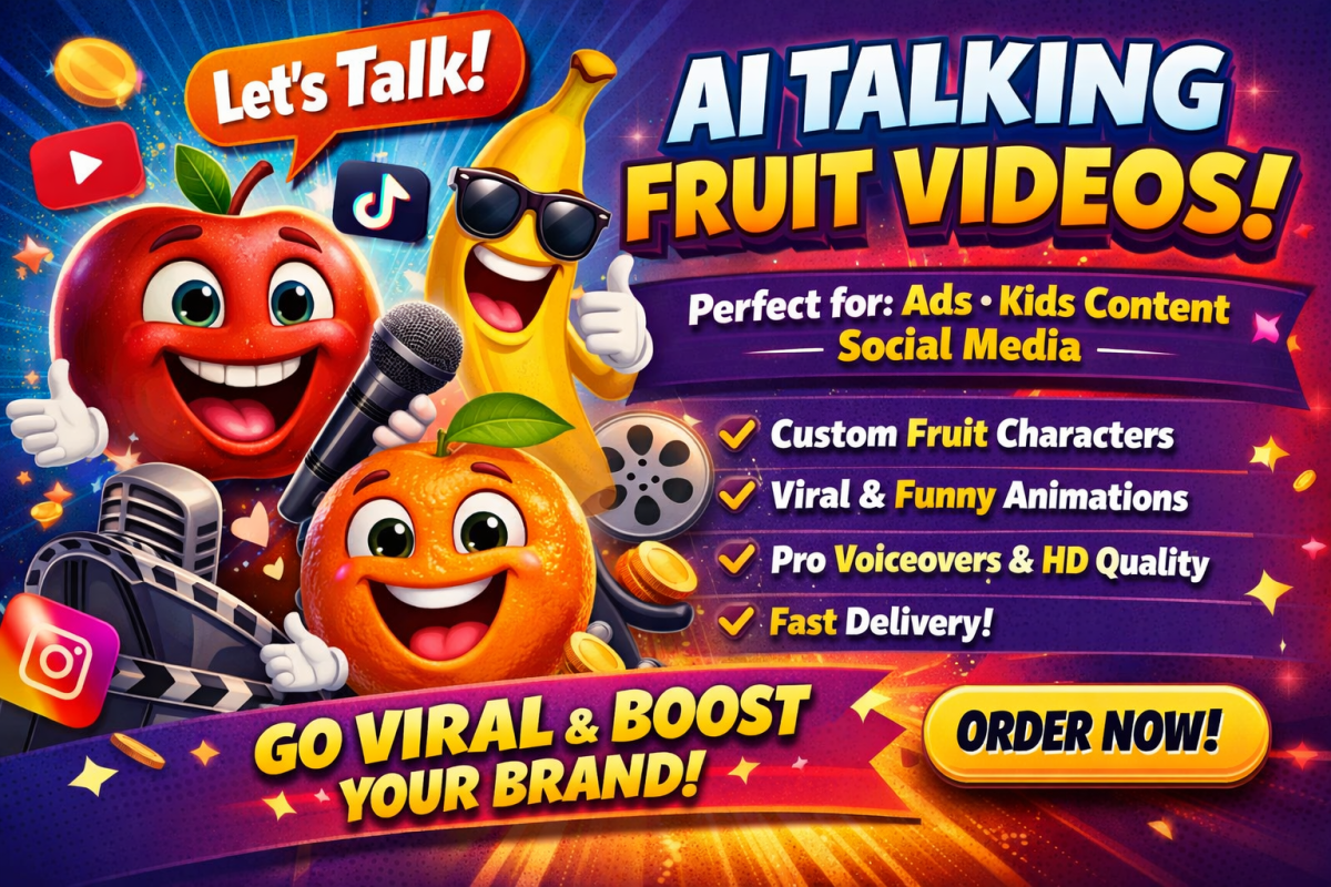 I will create funny AI talking fruit videos for ads, kids AI fruit talking content