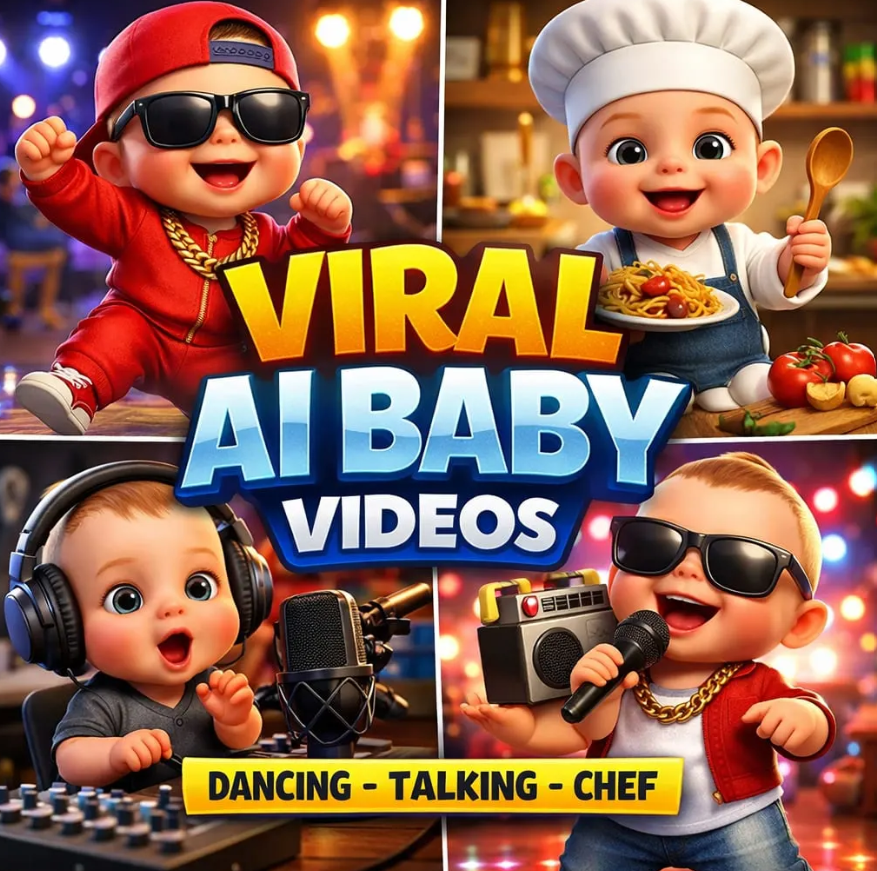 I will do go viral AI dancing baby video, chef talking baby, podcast, music, product ads