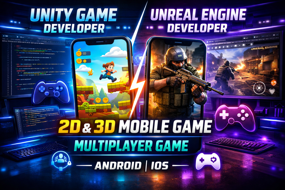 I will develop 2D & 3D mobile game in Unity or Unreal Engine multiplayer