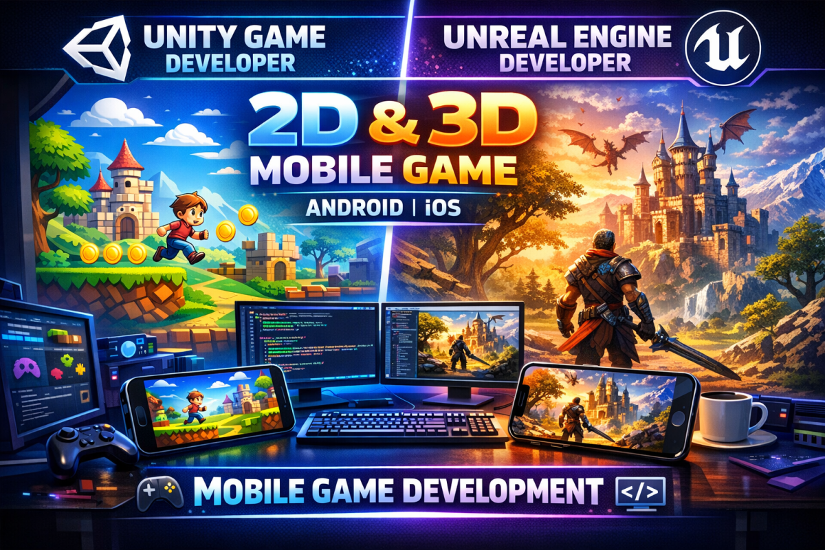 I will create 2D & 3D mobile games using Unity or Unreal Engine Developer