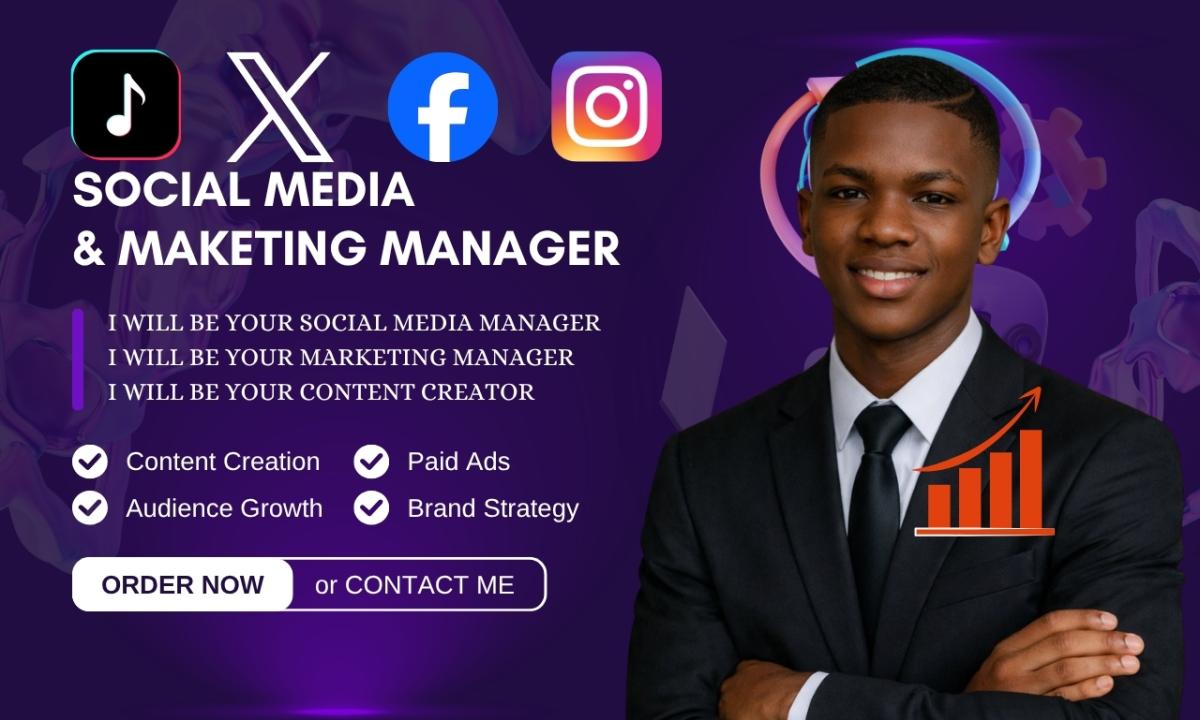 I will be your social media manager alongside marketing manager and content creator