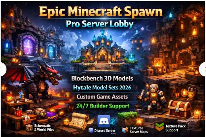 I will build minecraft spawn hytale model server lobby and blockbench 3d model