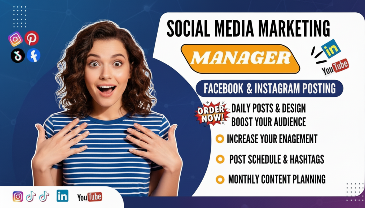 I will be your social media manager social media marketing manager and content creator