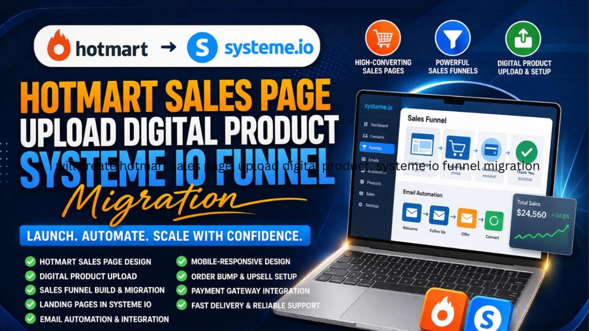 I will create hotmart sales page, upload digital product, systeme io funnel migration
