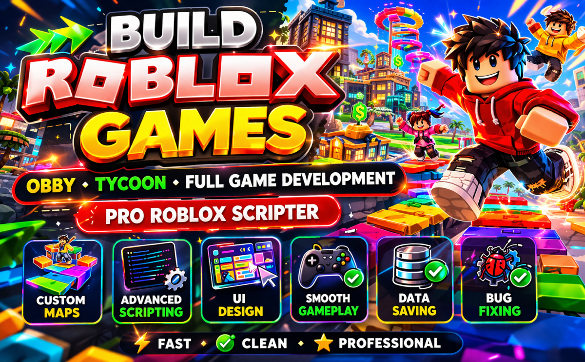 I will fix roblox game,builds obby tycoon roblox full game development,roblox scripter