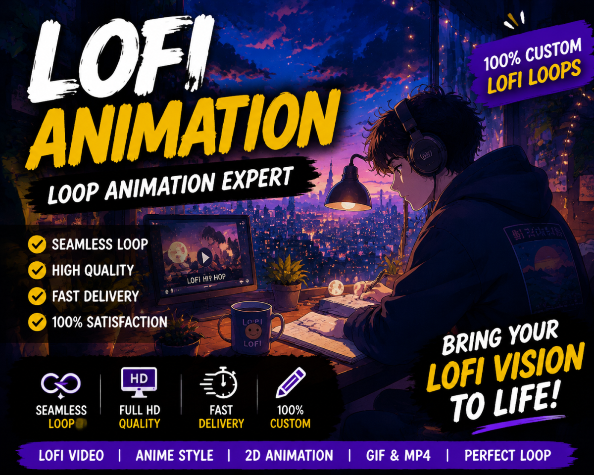I will create lofi loop animation video music videos for streamers animated images, gif