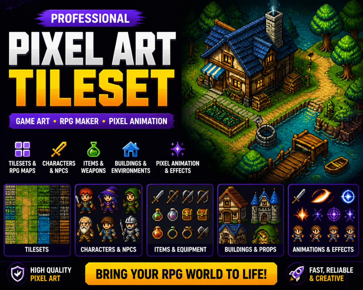 I will do pixel art tileset sprite sheet game character animation topdown pixel tilemap