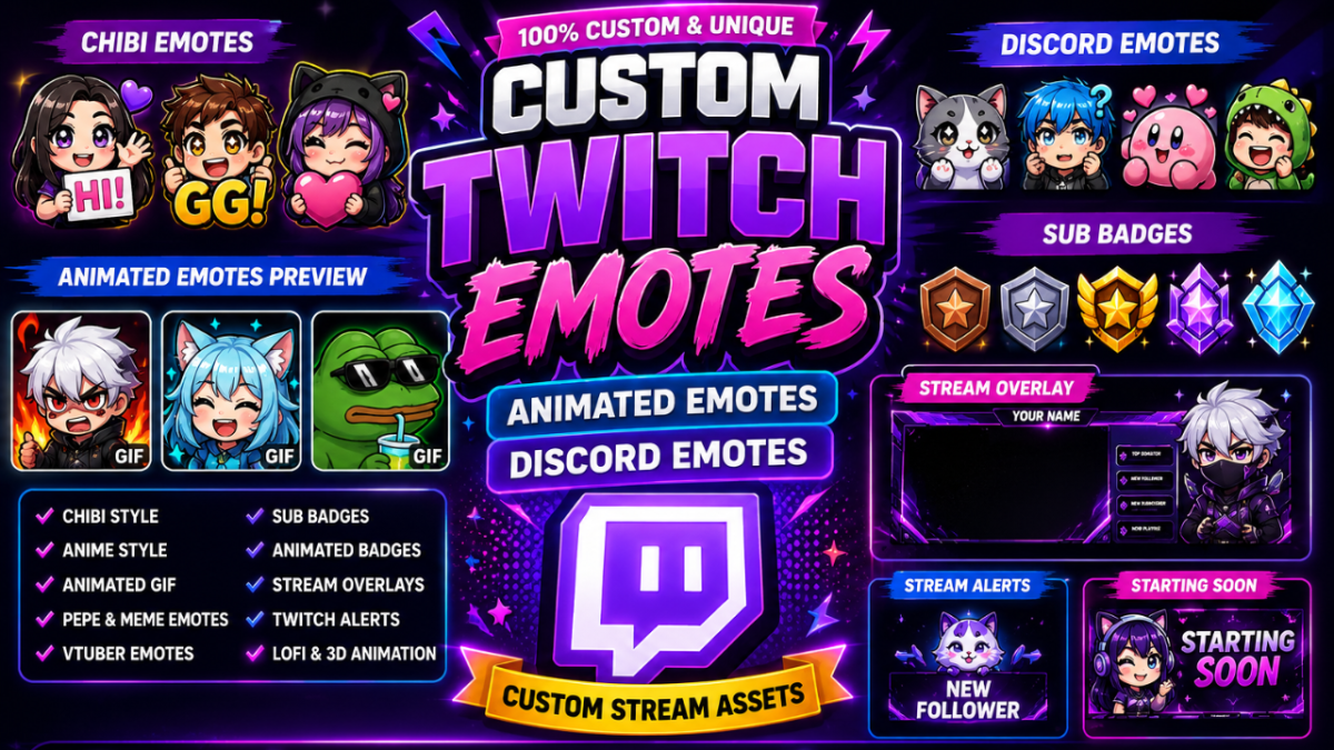I will create custom twitch emotes animated emotes, stream overlays