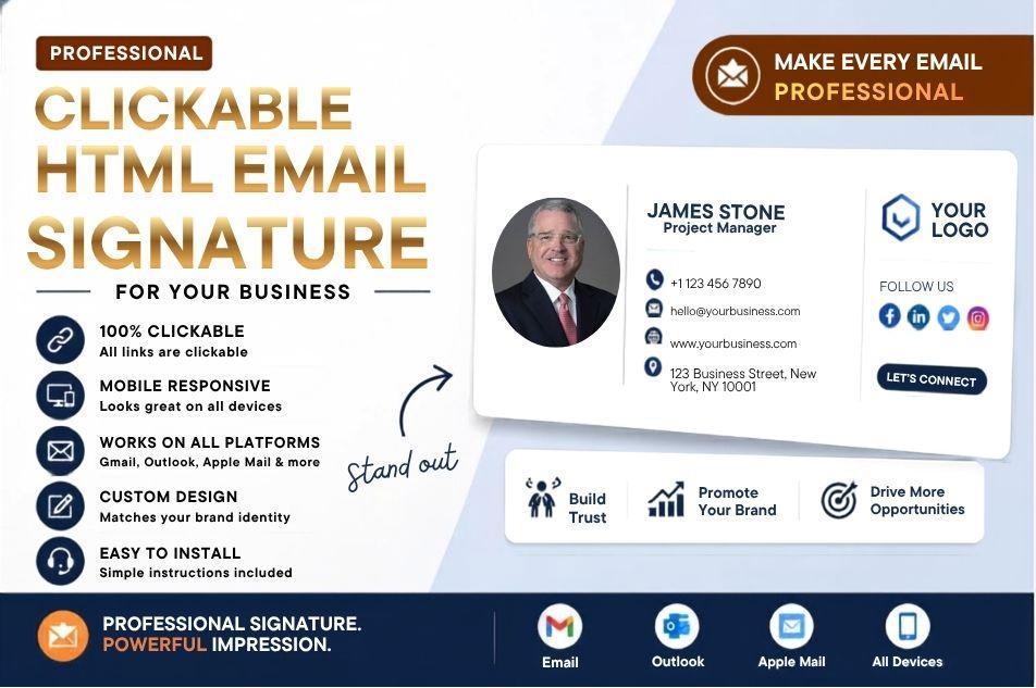 I will create a modern professional clickable HTML email signature