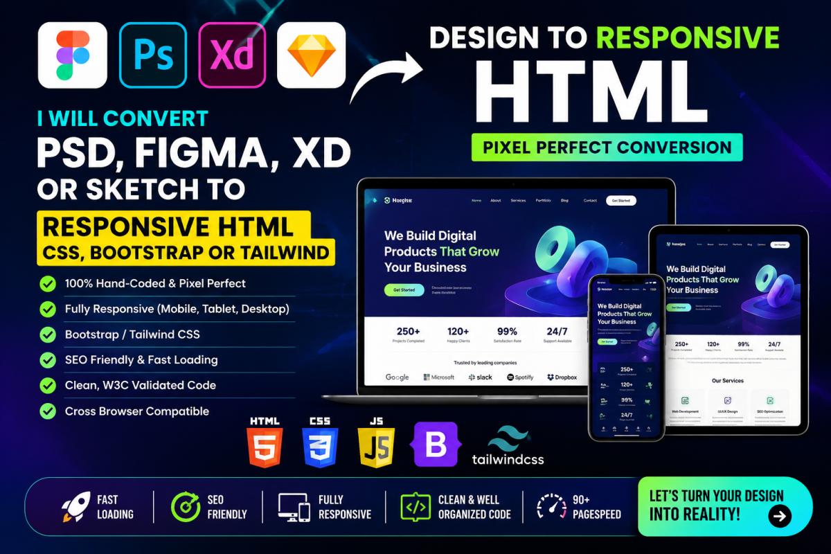 I will convert figma, PSD, xd or sketch to responsive HTML CSS bootstrap website