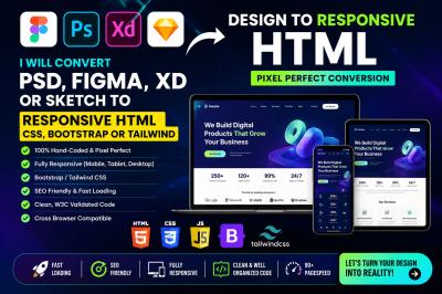 I will convert figma, PSD, xd or sketch to responsive HTML CSS bootstrap website