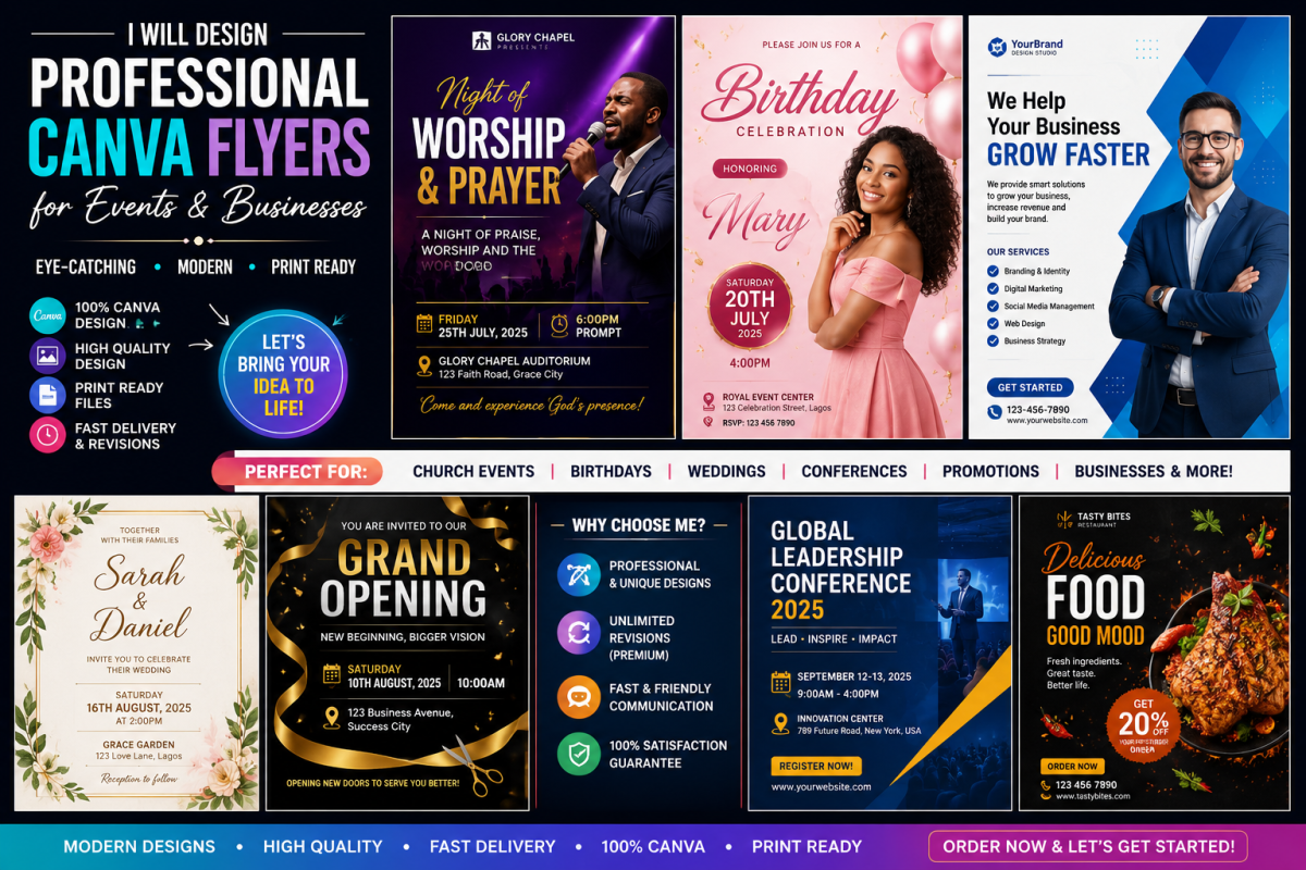 I will design professional canva flyers for events and businesses