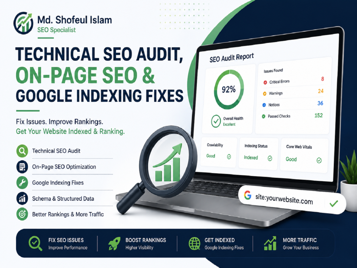 I will do technical SEO audit, on page SEO and Google indexing fixes