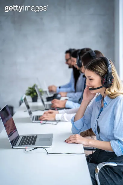 Side view portrait of smiling blond haired Customer support agent woman 