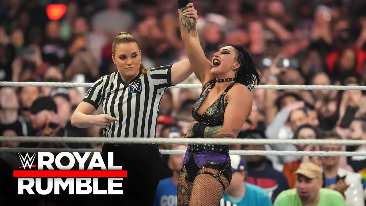 Rhea Ripley celebrates her Royal Rumble win WWE Royal Rumble 2023 