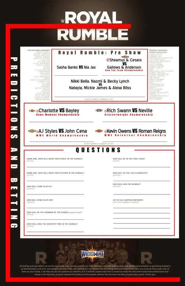 Made a bettingpredictions sheet for the Royal Rumble Thought I would 