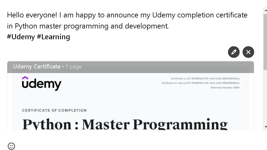 Click on Post and in this way you can share your Udemy certificates 