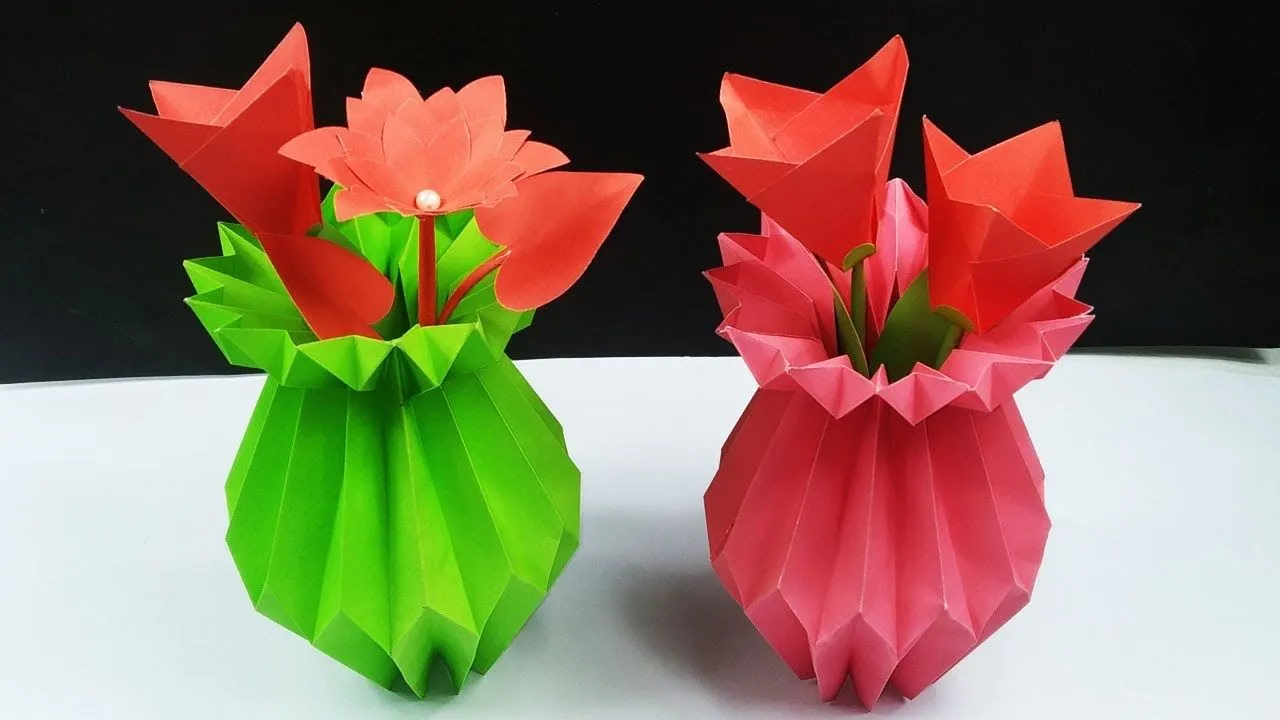 How to make paper flower vase  Diy easy Origami craft  Flower vase 