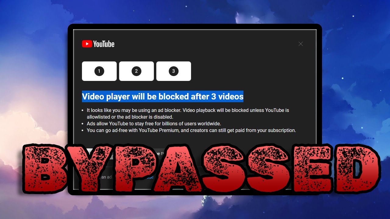 Remove the Adblock Popup from YOUTUBE BYPASS Video player ban SIMPLE 