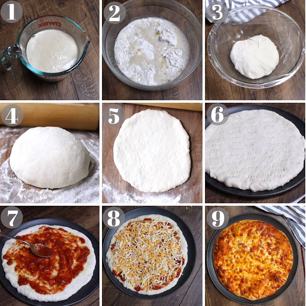 Pizza dough photo collage with 9 images showing the entire cooking 