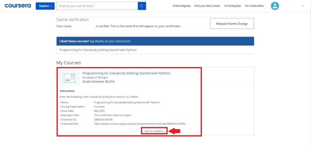 How to add a Coursera certificate to LinkedIn