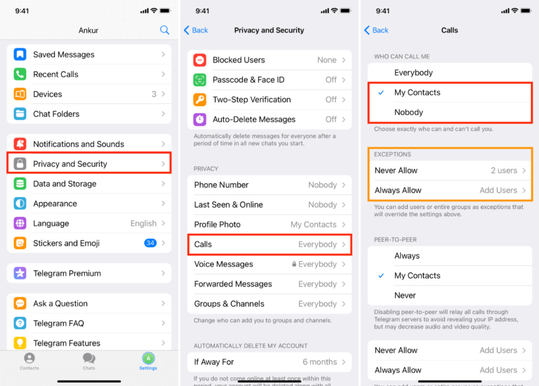 How to set who can call you on Telegram only contacts or nobody