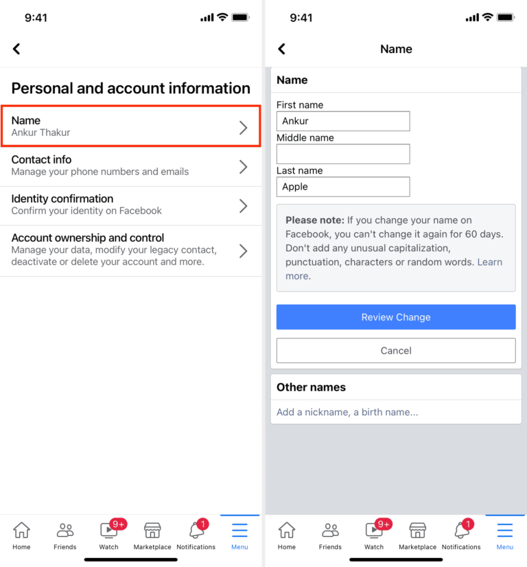 How to change your username in Facebook on iPhone