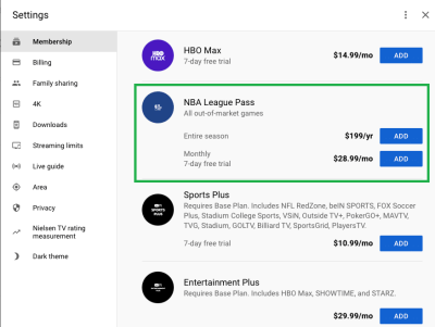 How to Add NBA League Pass to YouTube TV