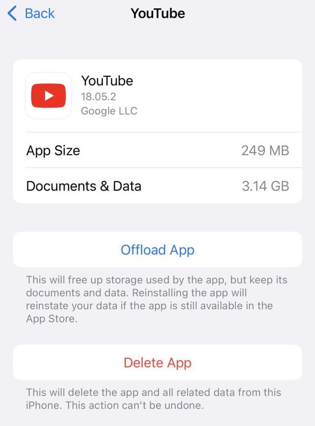 Why does YouTube need so much storage No downloads in the app rios