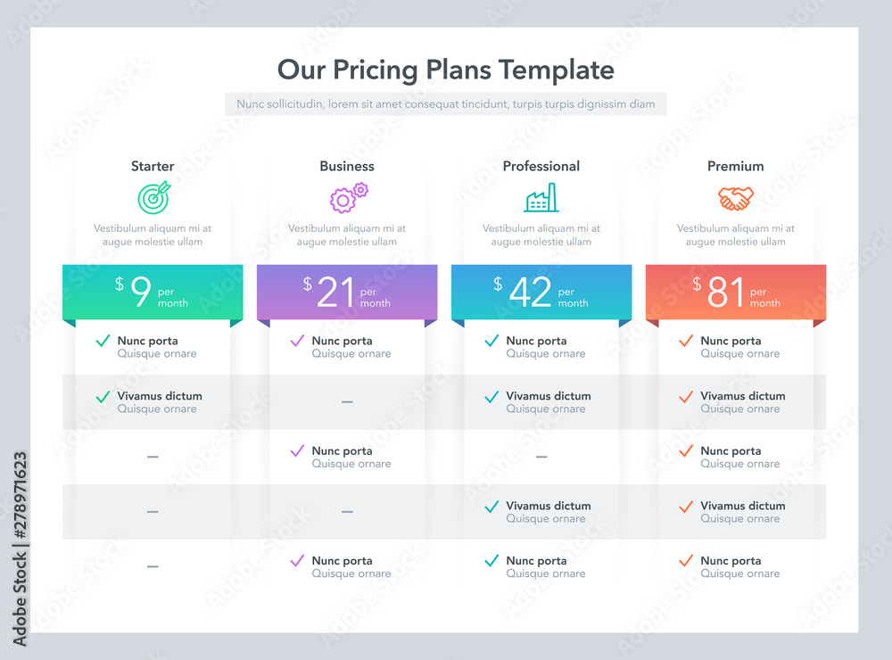 Stock Modern pricing comparison table with various