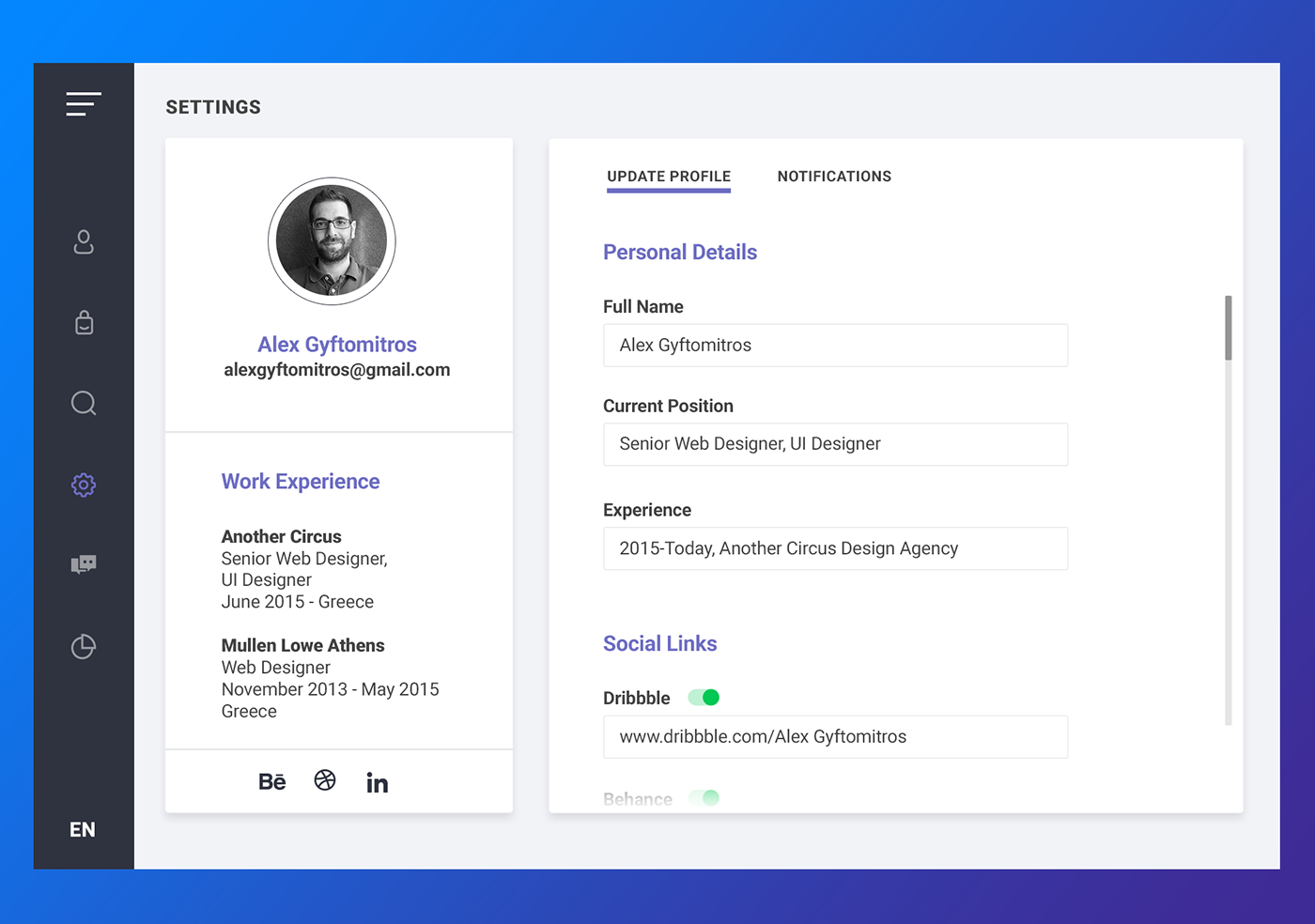 Settings page on Behance
