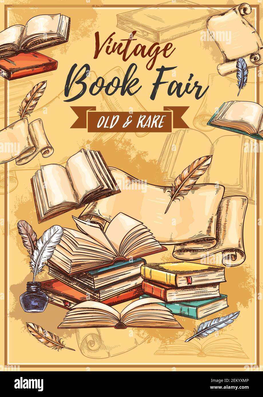 Vintage books fair and literature festival sketch poster Vector book