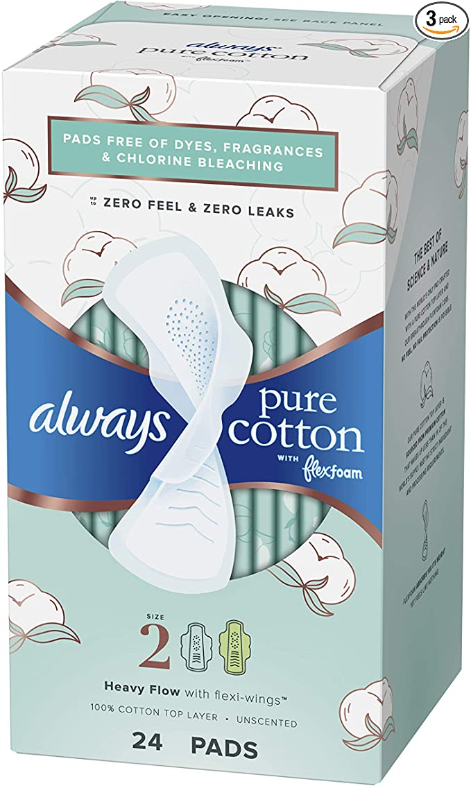 Always Pure Cotton Feminine Pads For Women Size 2 Heavy Flow