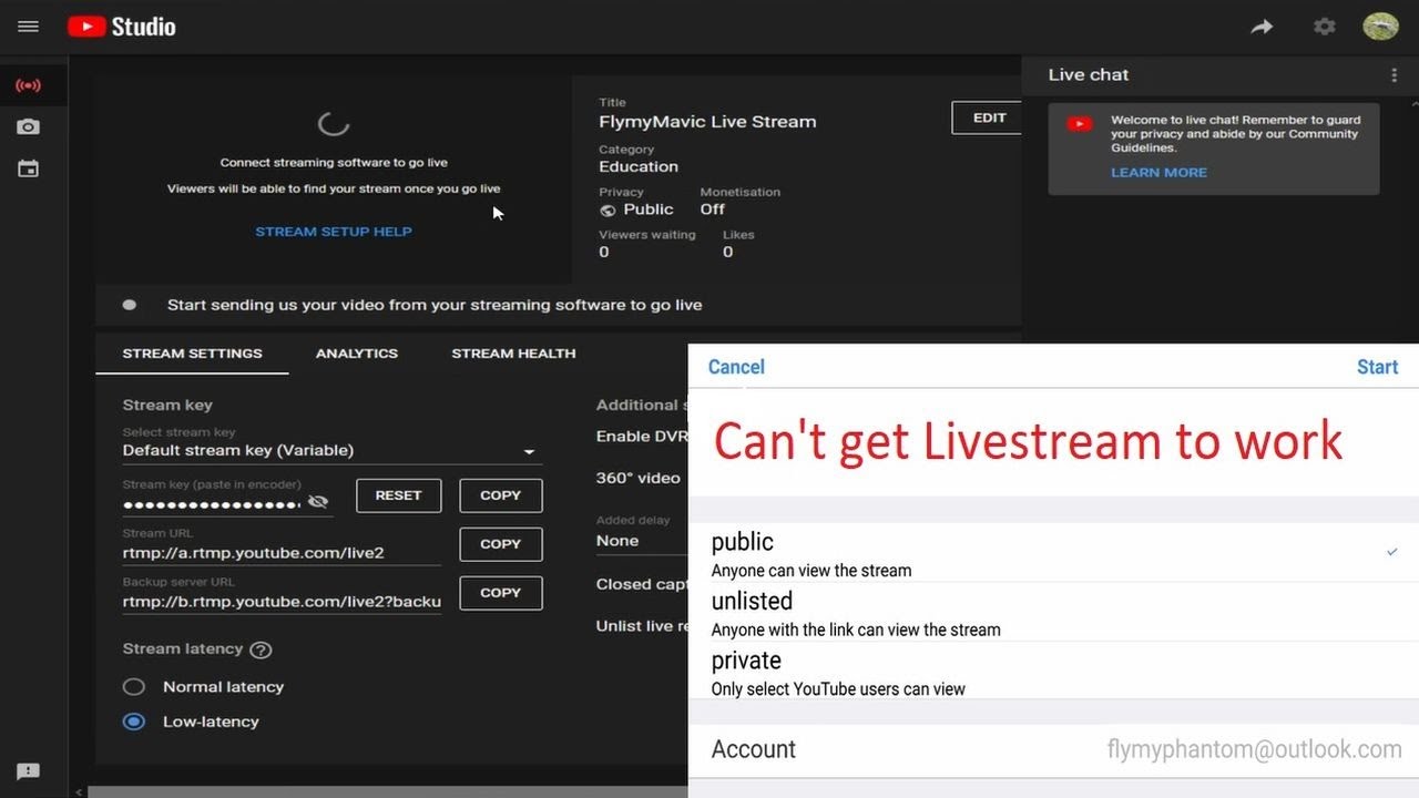 Livestream issues with youtube and RTMP solved YouTube