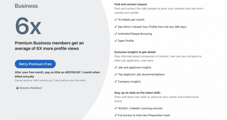 LinkedIn Pricing detailed comparison of all premium plans
