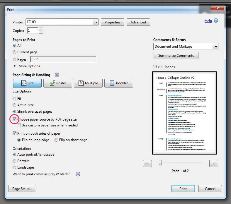 Print mixed page sizes using Acrobat or Reader