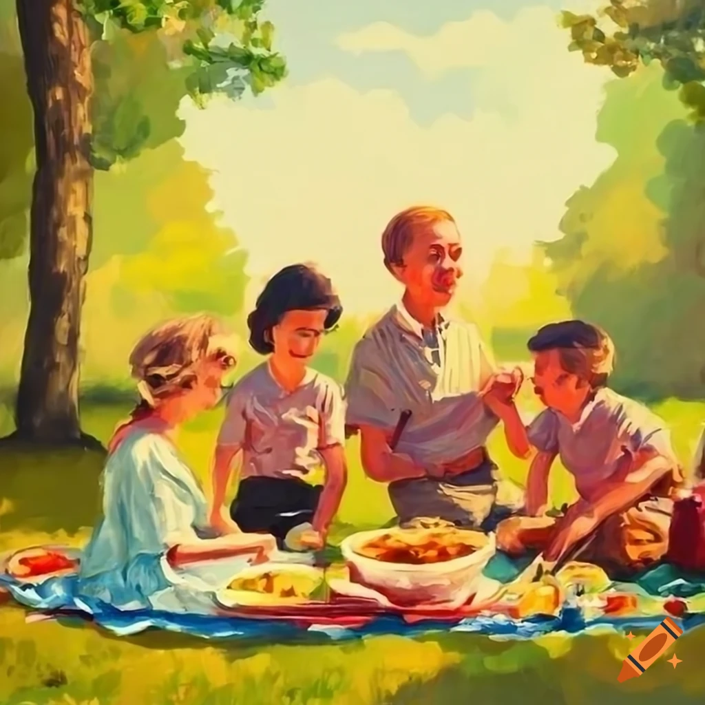 Nostalgic family picnic in vintage 50s style on a sunny day on Craiyon