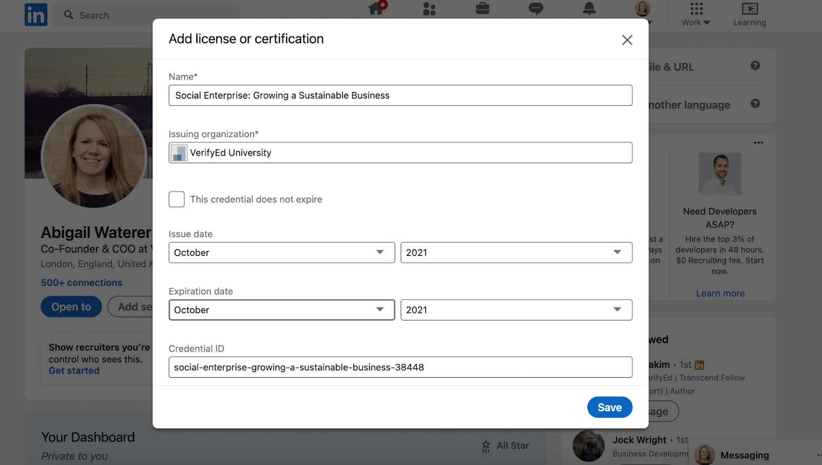 Sharing and verifying certificates on LinkedIn