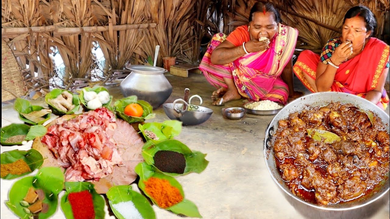 village tribe style CHICKEN MASALA CURRY cook and eat by santali women