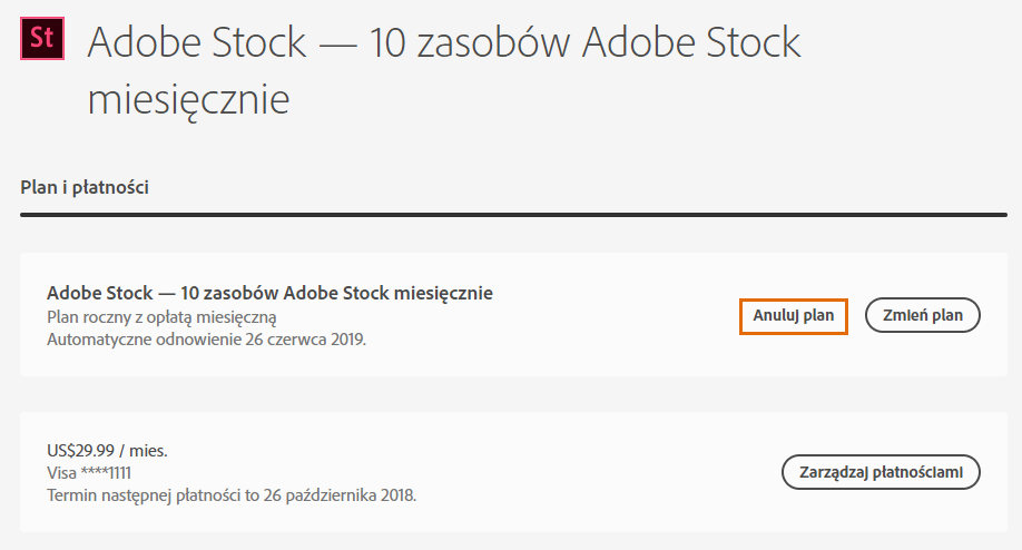 Anulowanie czonkostwa w usudze Adobe Stock