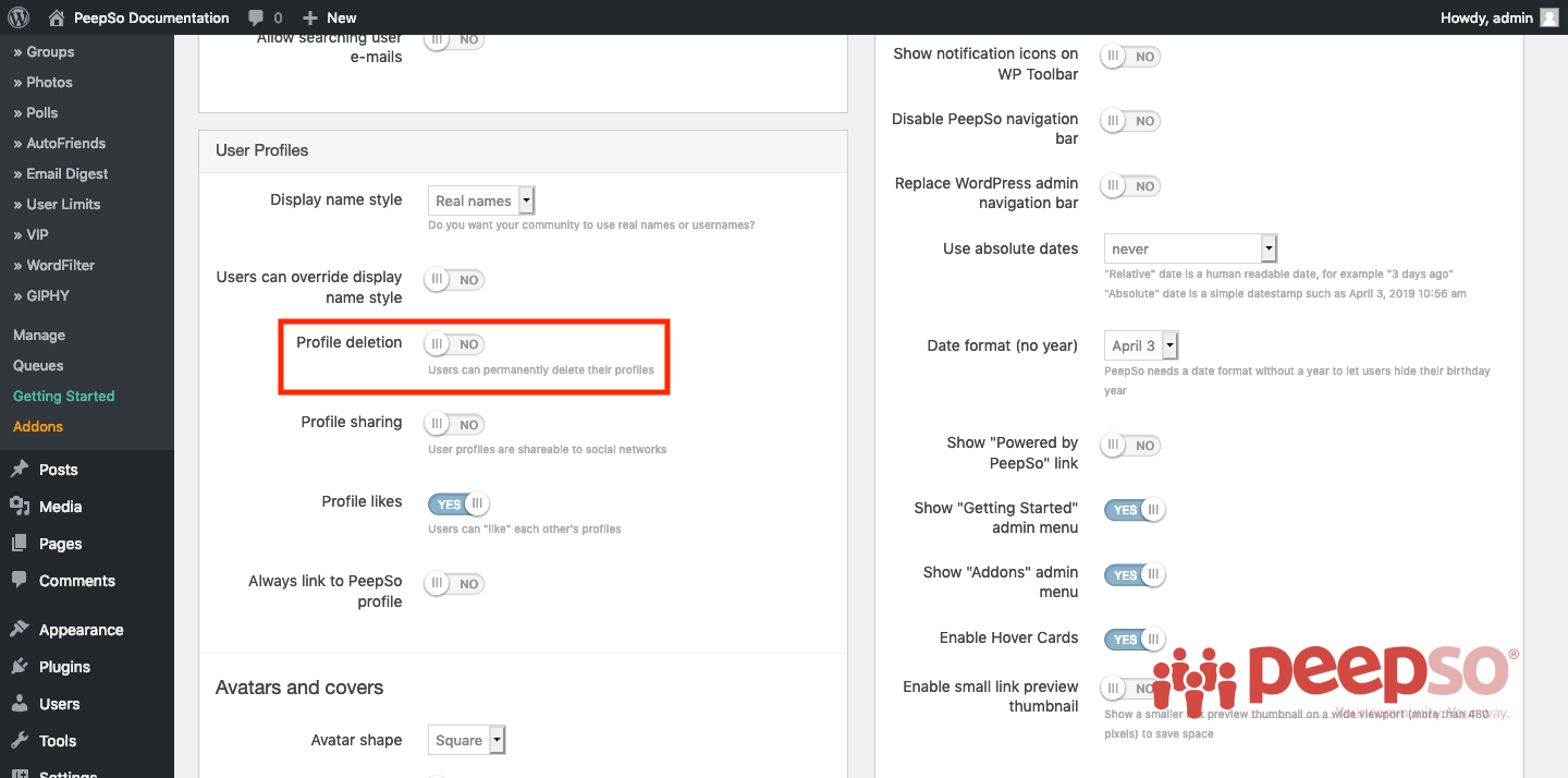 Allow Users to Delete Profile PeepSo