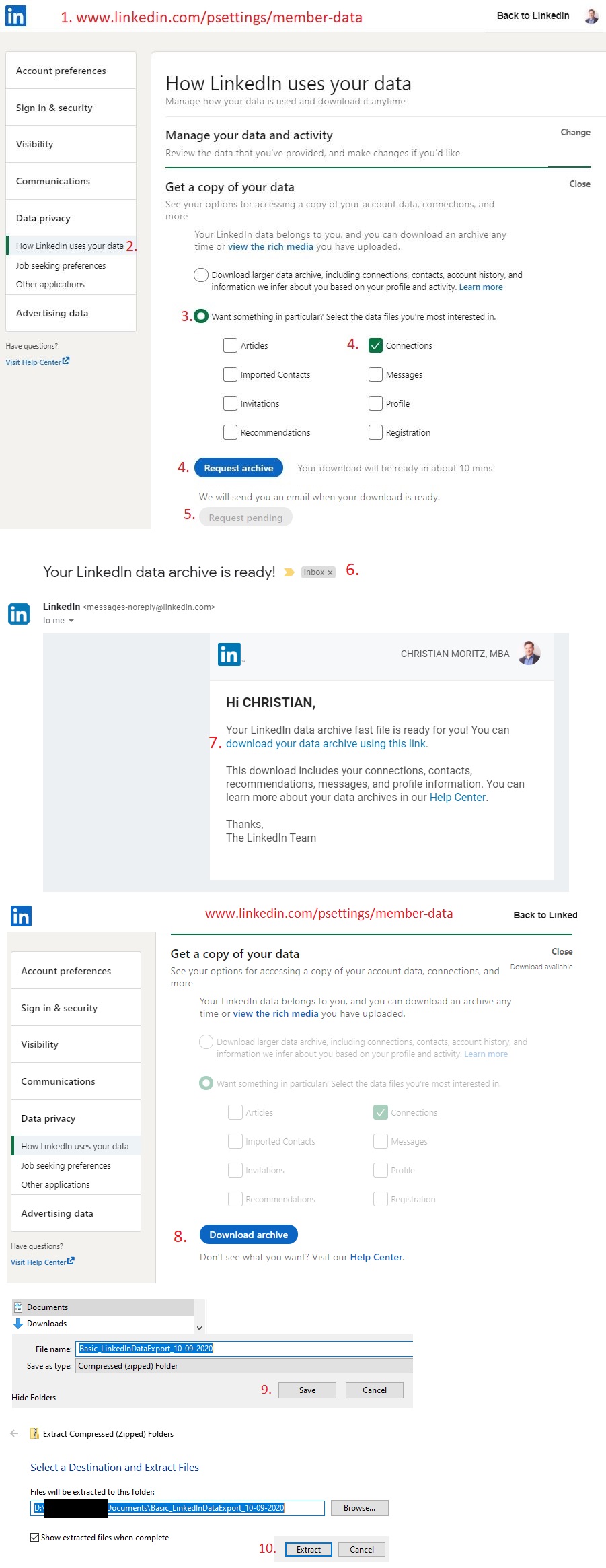 How to export LinkedIn contacts connections emails to Excel 2020