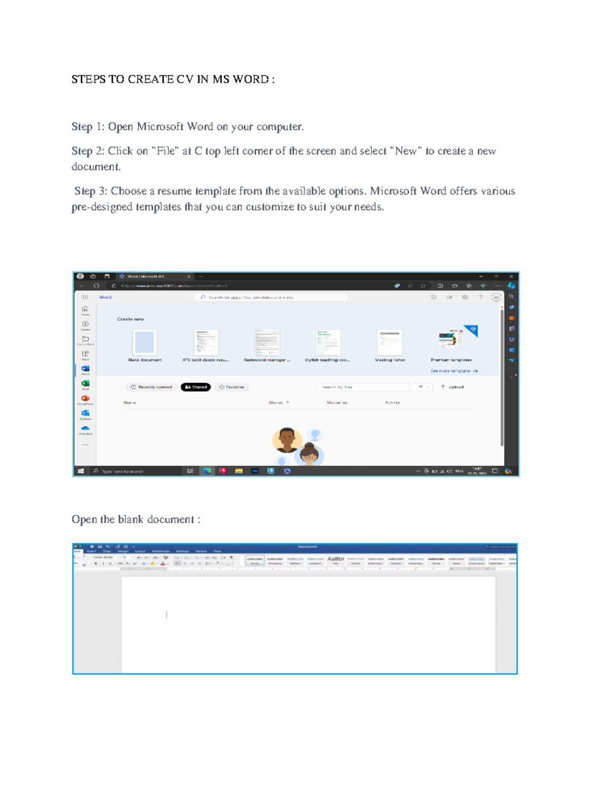 Steps TO Create CV IN MS WORD STEPS TO CREATE CV IN MS WORD Step 1