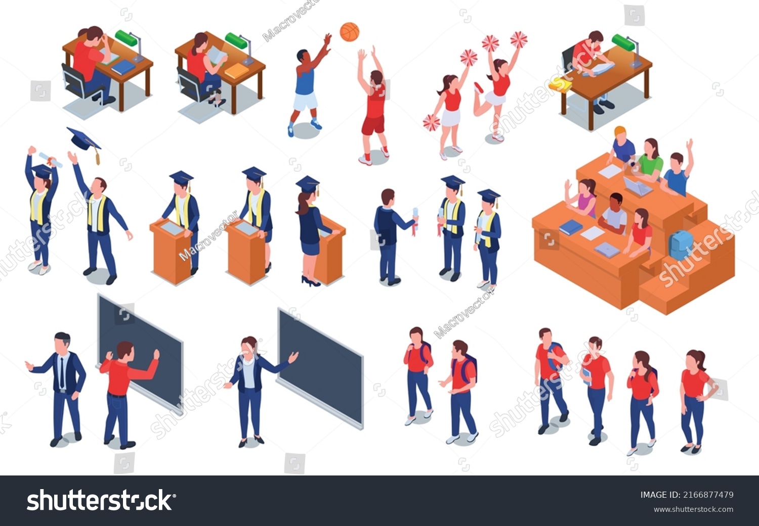 Isometric Set College University Students Different Stock Vector