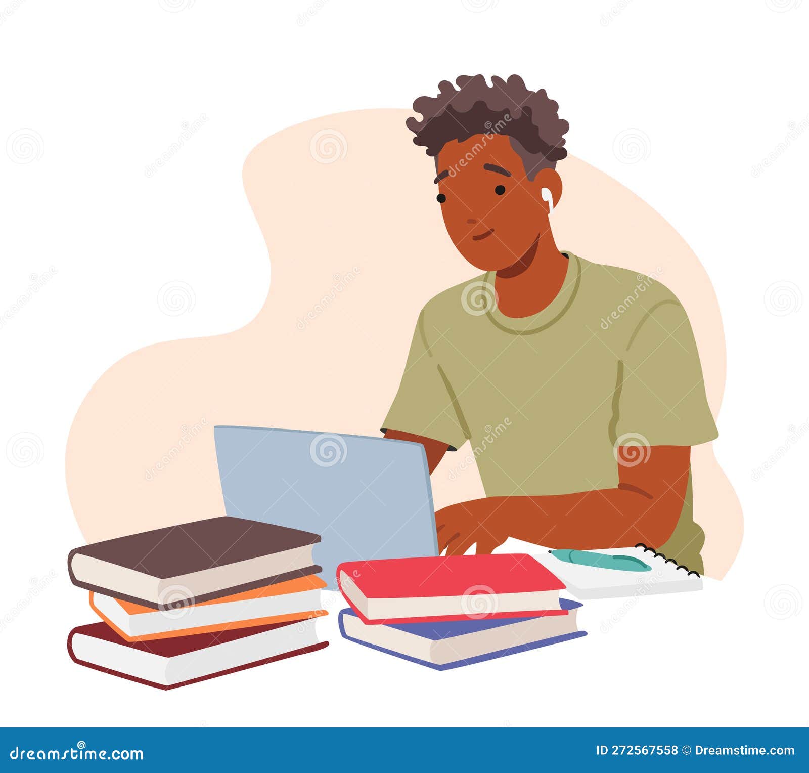 Student Boy Character Seated At Desk With Laptop Papers And Textbooks