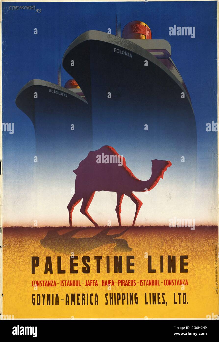 A vintage travel poster for the Palestine Line part of GdyniaAmerica
