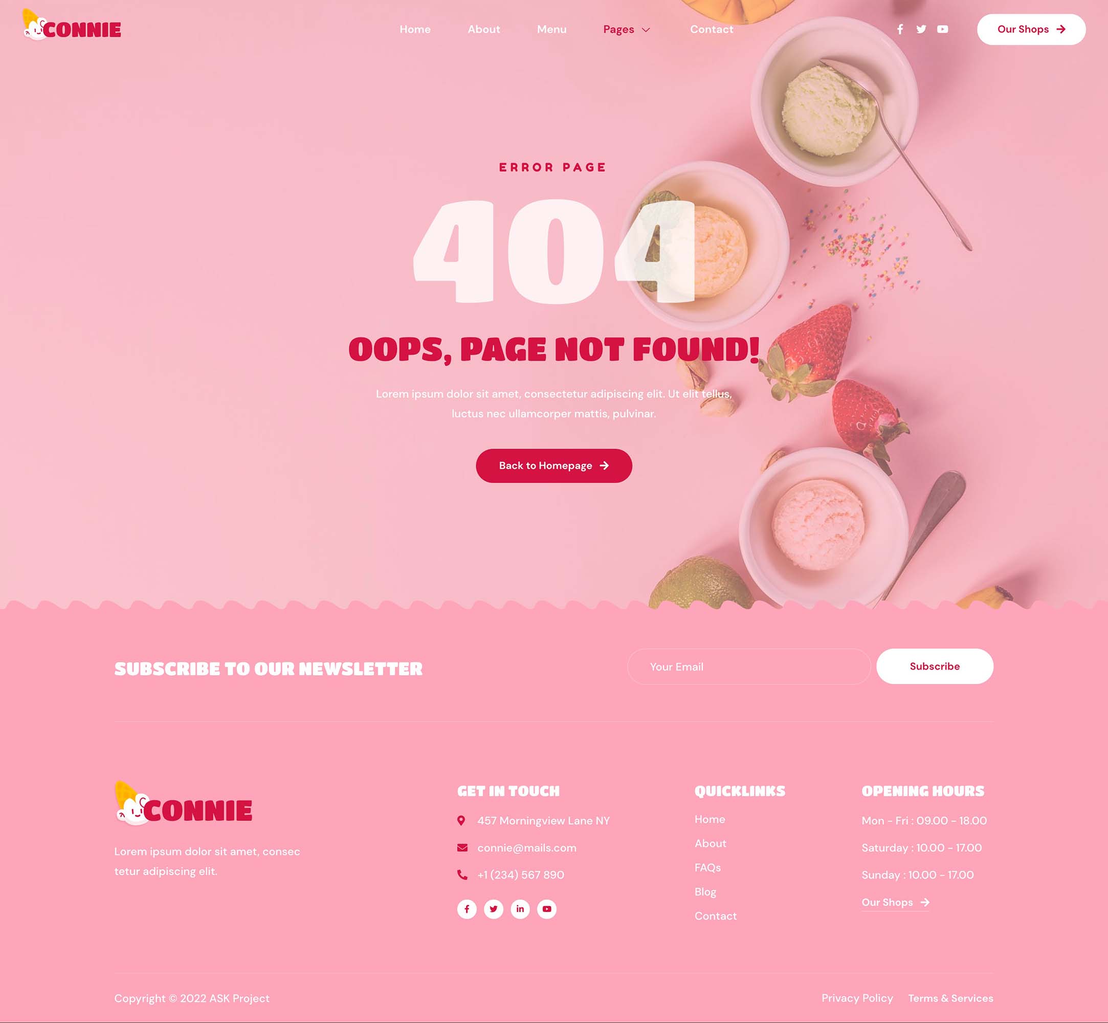 Connie Ice Cream Shop Elementor Template Kit by askproject ThemeForest