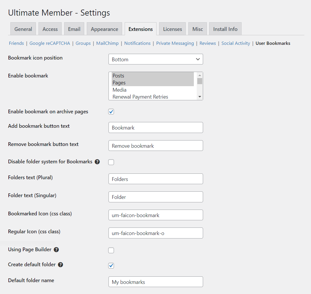 User Bookmarks setup Ultimate Member